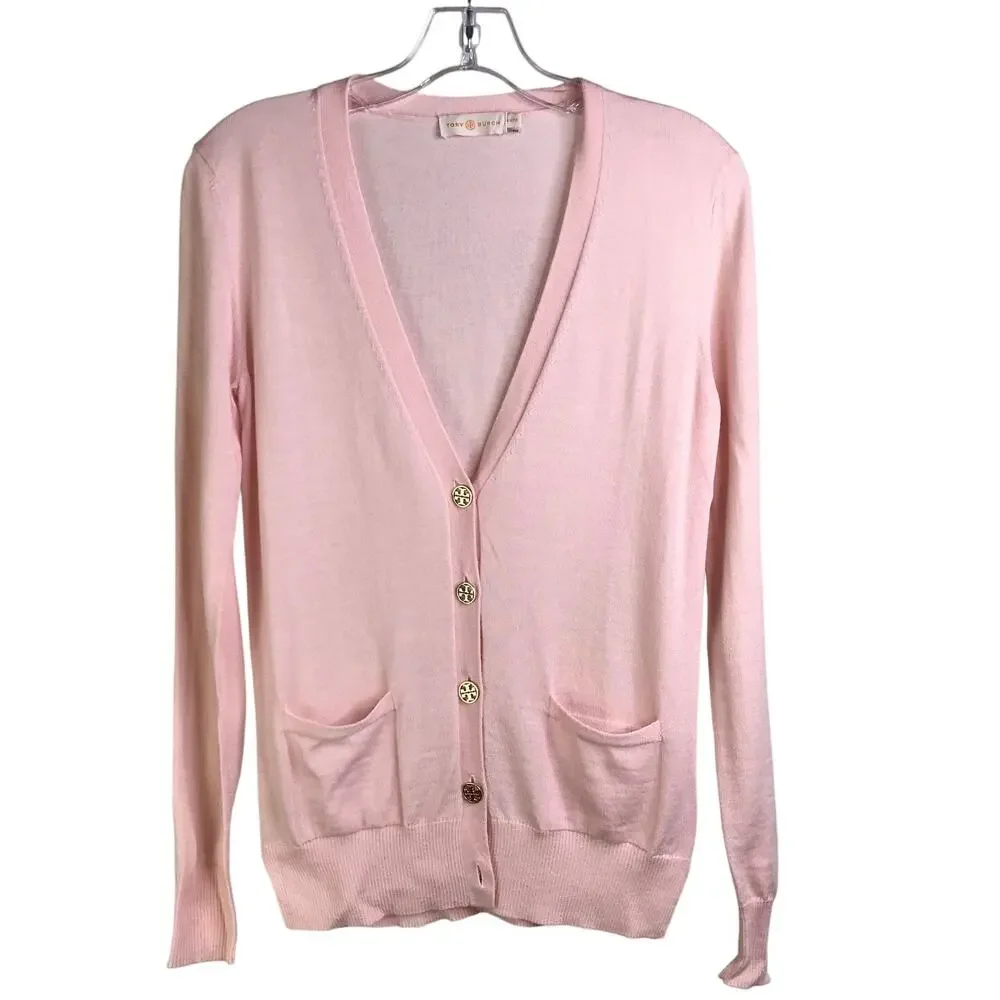 Tory Burch Madeline Cardigan Wmns Size XS/TP Coastal Pink Gold Logo Buttons